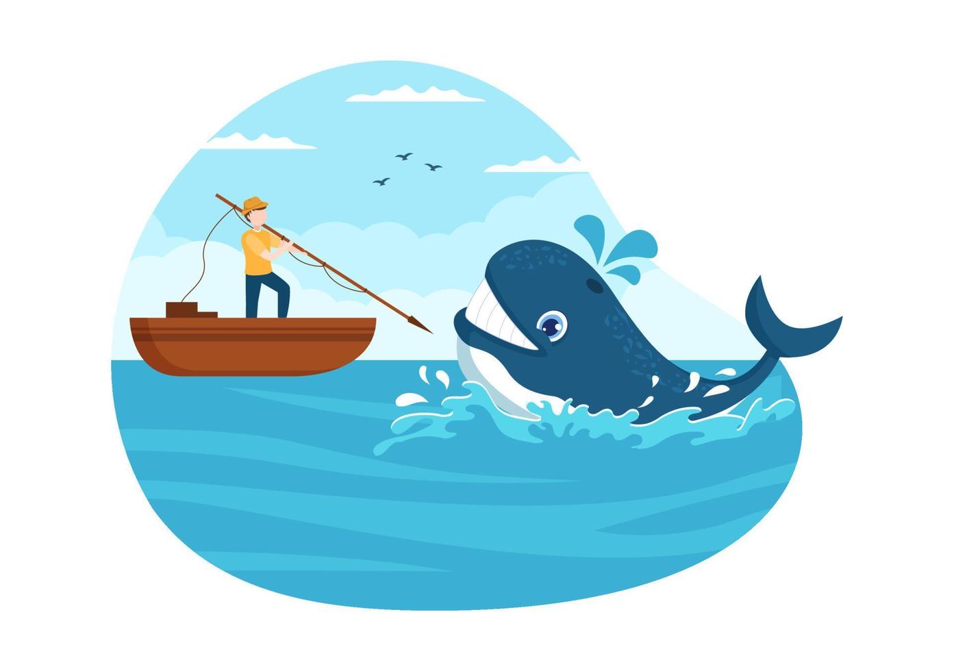 Whale Hunting with Whales Caught by Fisherman in the Middle of the Deep Sea for Sale in Hand Drawn Flat Cartoon Templates Illustration vector