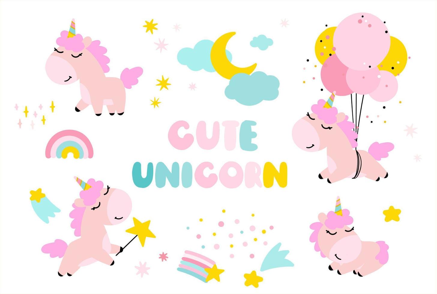 un conjunto de lindos unicornios con la luna y las estrellas. un unicornio en globos y con una varita mágica. diseño para el sueño del bebé. vector