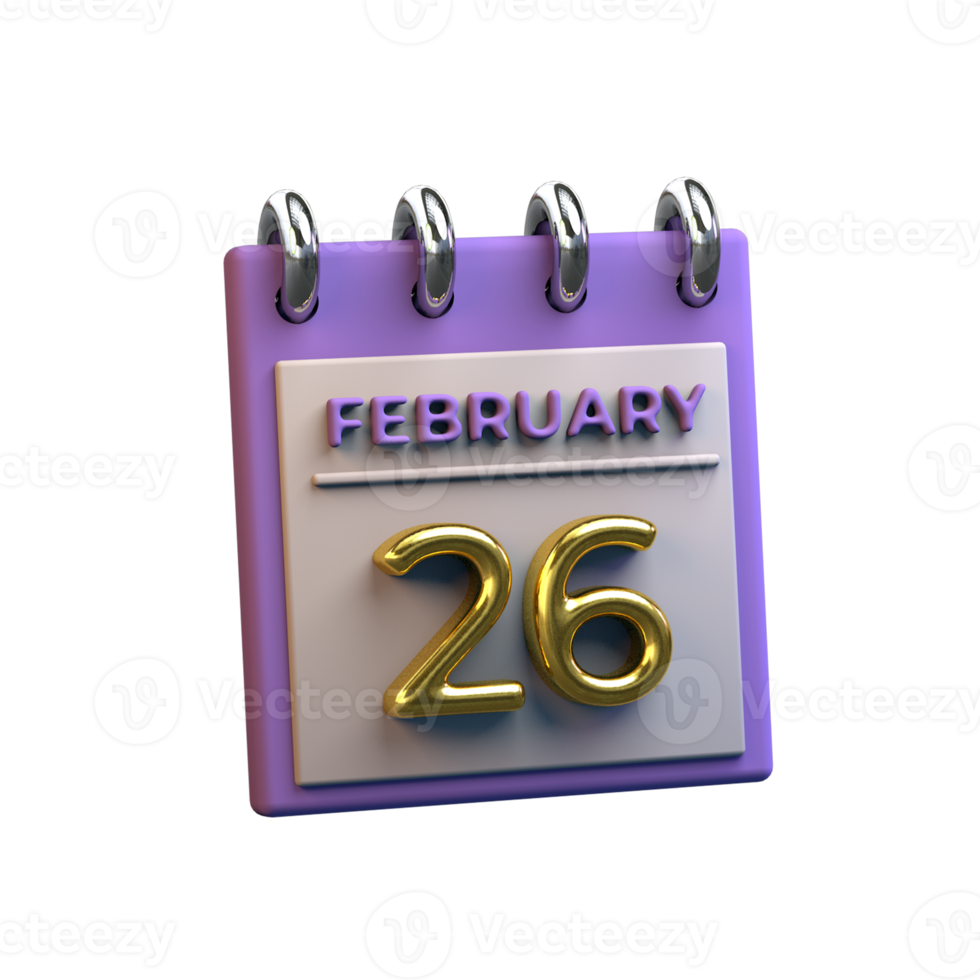 Monthly Calendar 26 February 3D Rendering png