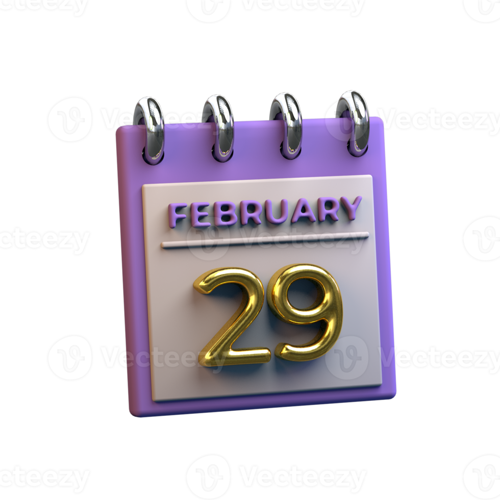 Monthly Calendar 29 February 3D Rendering png