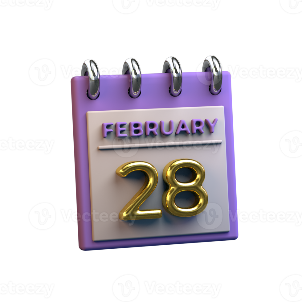 Monthly Calendar 28 February 3D Rendering png