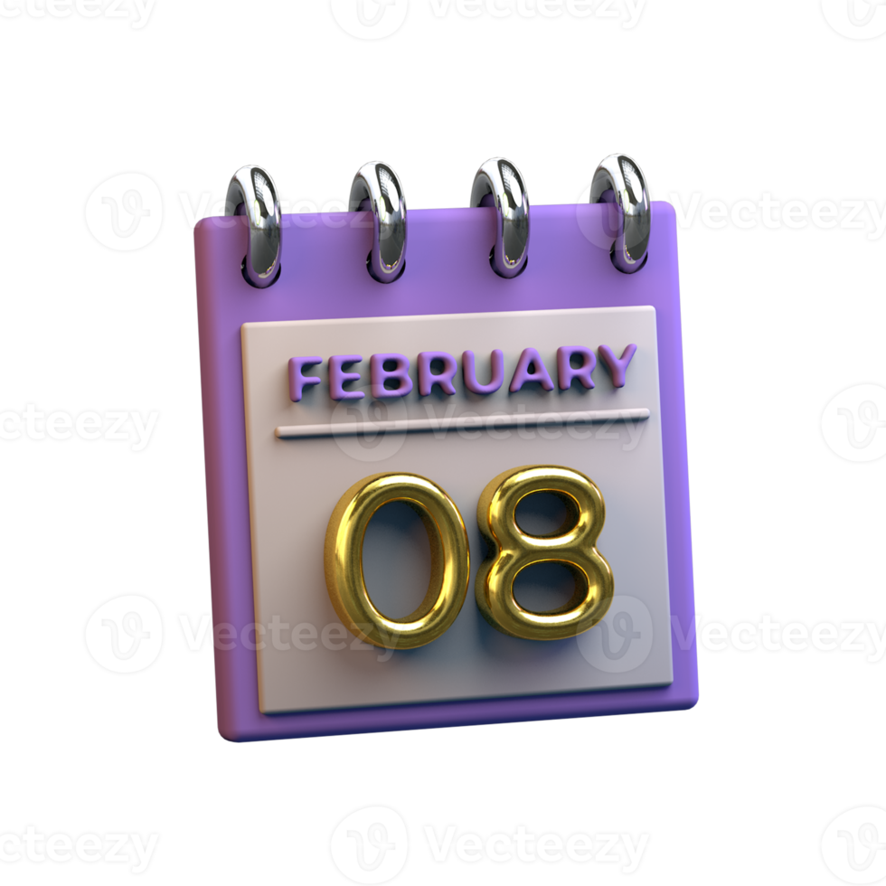 Monthly Calendar 08 February 3D Rendering png