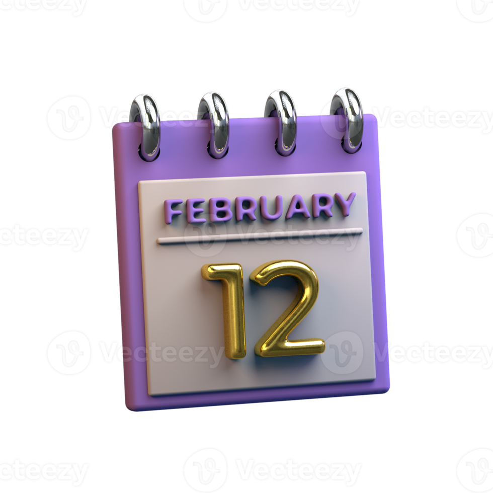 Monthly Calendar 12 February 3D Rendering png