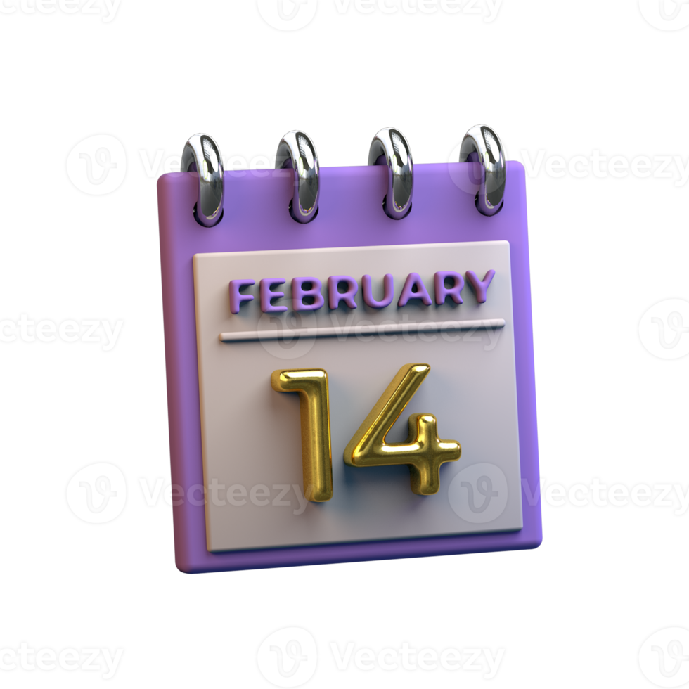 Monthly Calendar 14 February 3D Rendering png