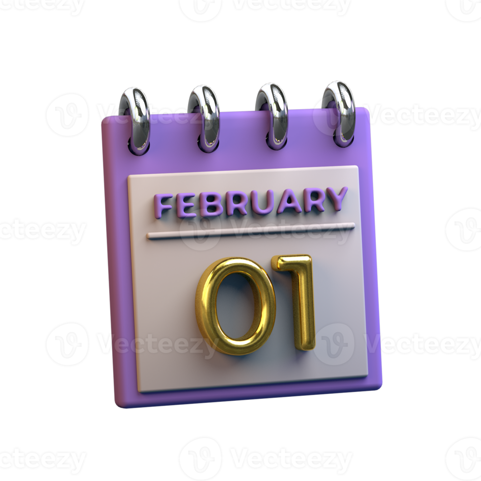 Monthly Calendar 01 February 3D Rendering png