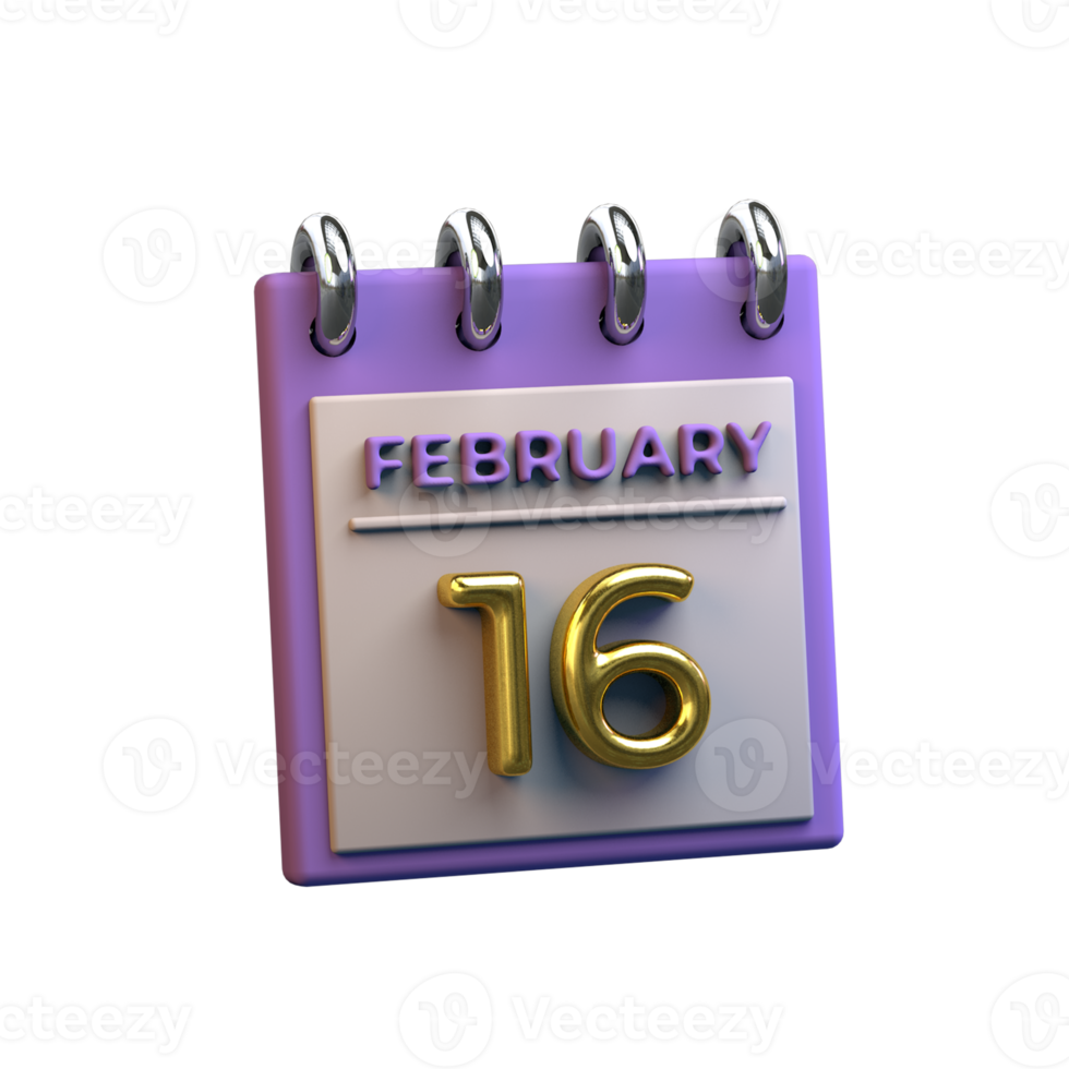 Monthly Calendar 16 February 3D Rendering png