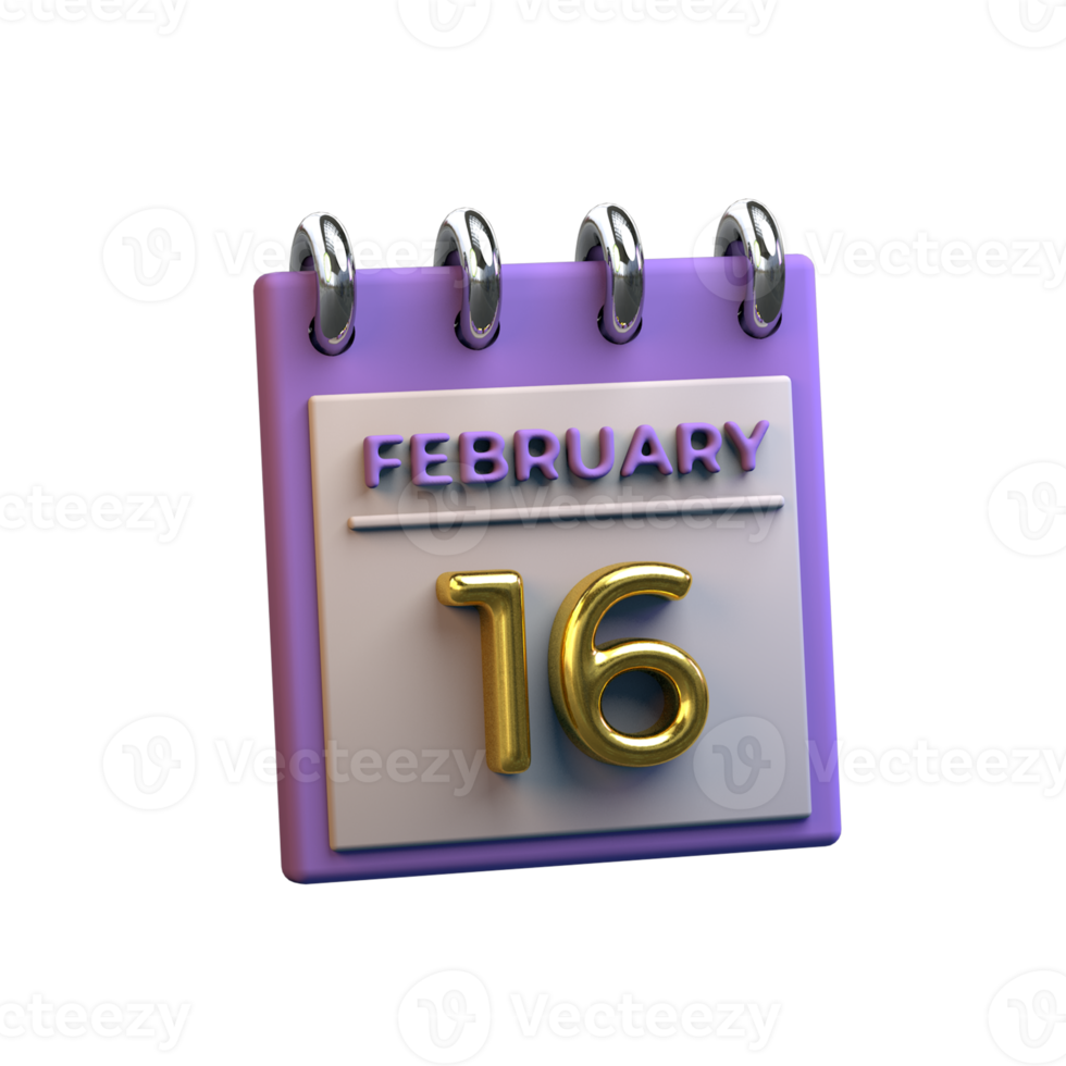 calendario mensual 16 de febrero representación 3d png