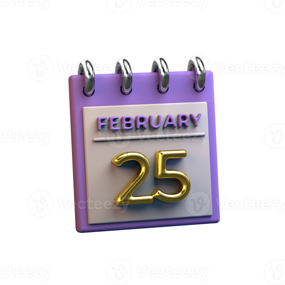 Monthly Calendar 25 February 3D Rendering png