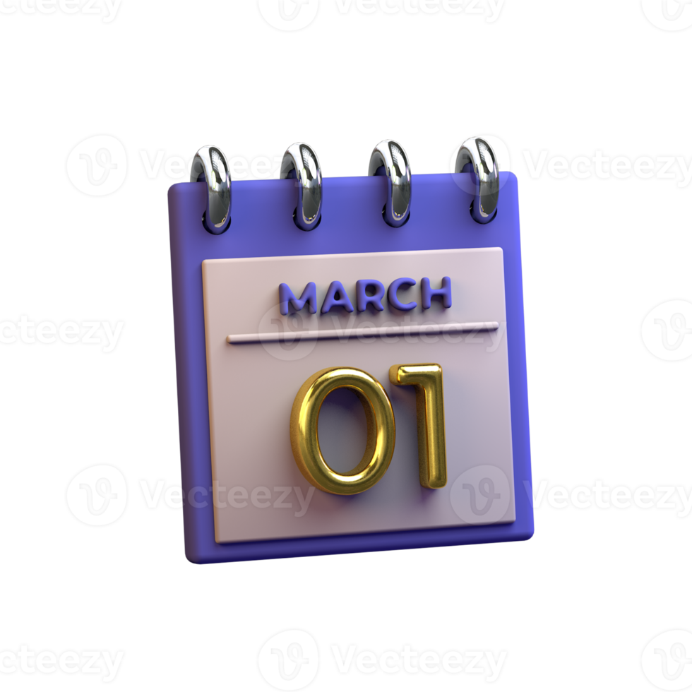 calendario mensual 01 de marzo representación 3d png