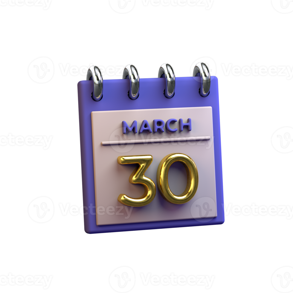 Monthly Calendar 30 March 3D Rendering png