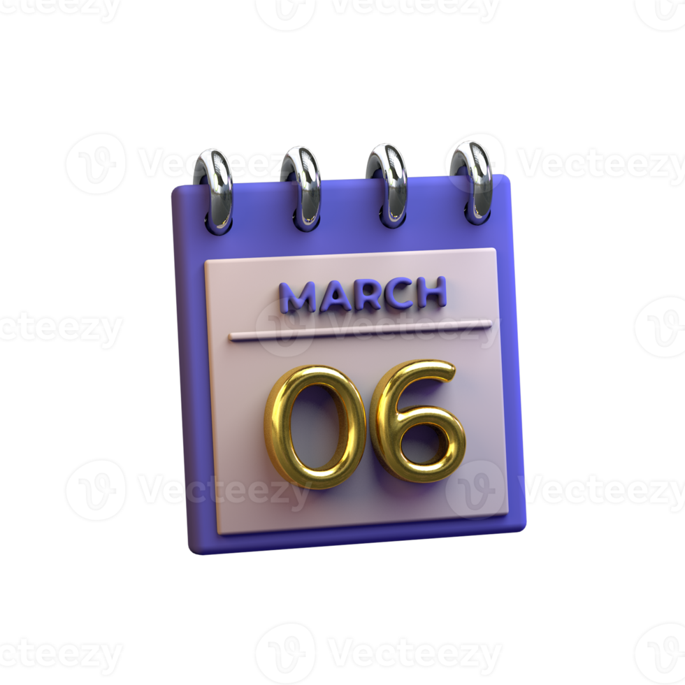 calendario mensual 06 de marzo representación 3d png