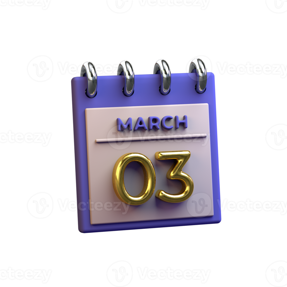 Monthly Calendar 03 March 3D Rendering png