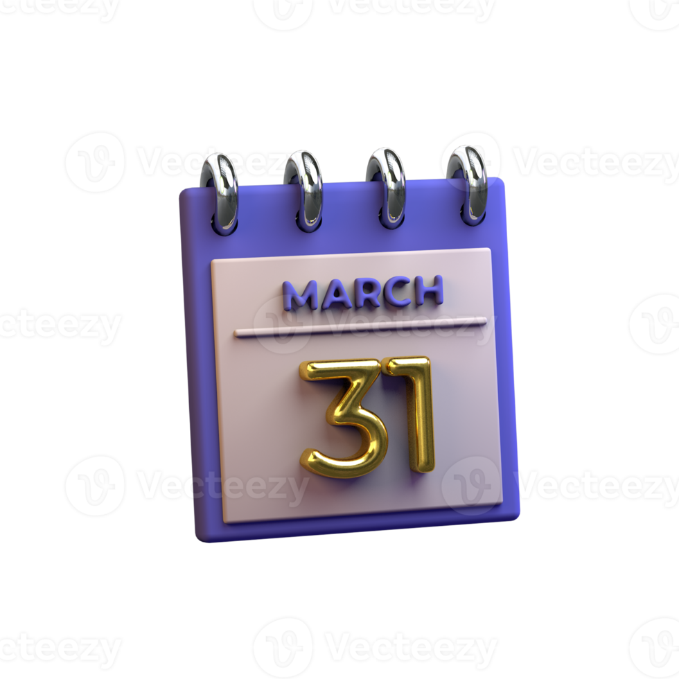 Monthly Calendar 31 March 3D Rendering png