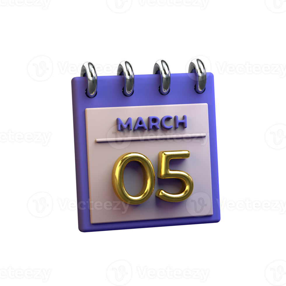 Monthly Calendar 05 March 3D Rendering png