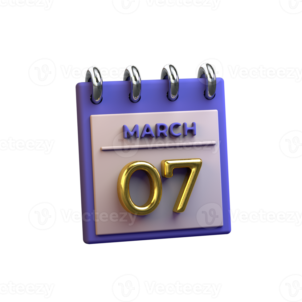 Monthly Calendar 07 March 3D Rendering png