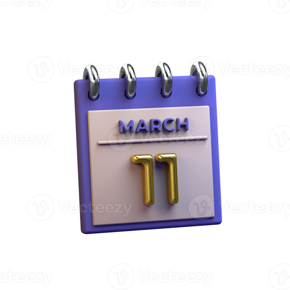 Monthly Calendar 11 March 3D Rendering png