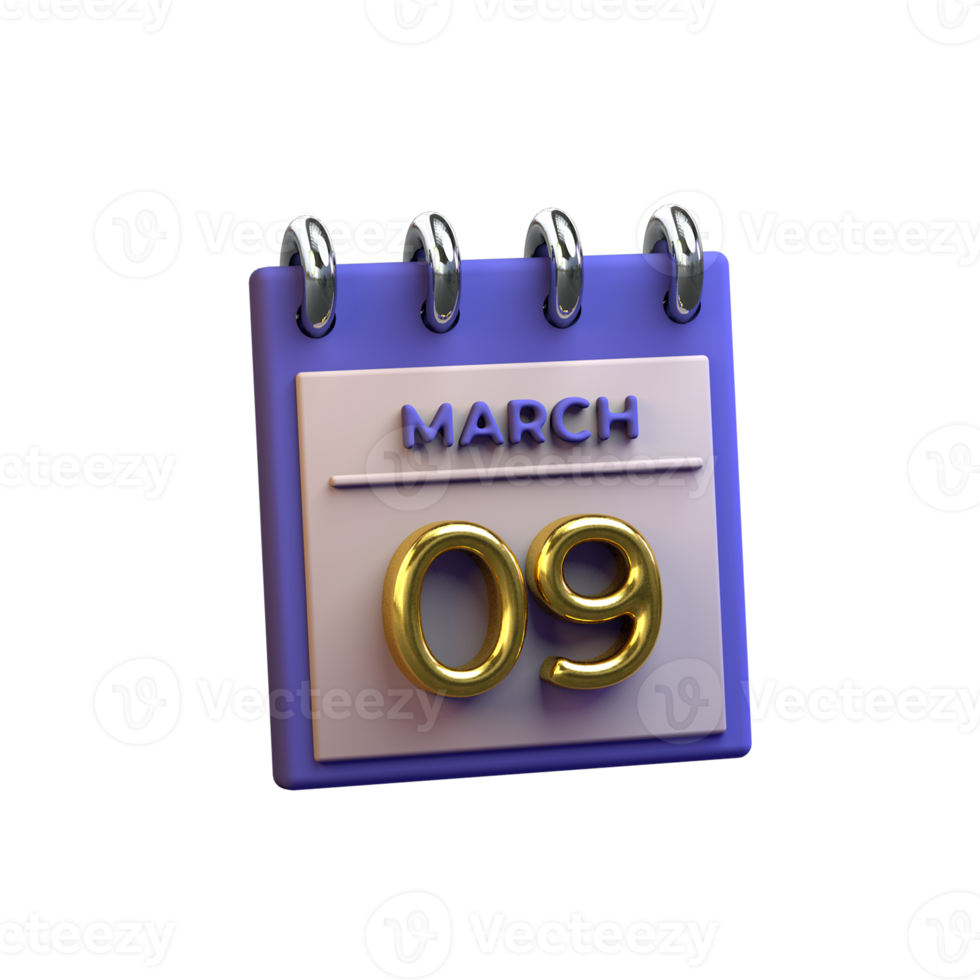 calendario mensual 09 de marzo representación 3d png