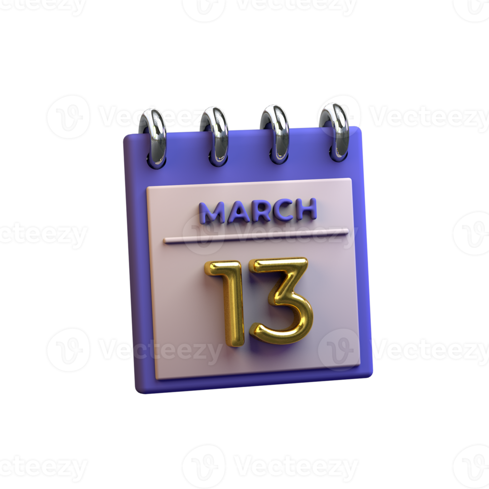 calendario mensual 13 de marzo representación 3d png