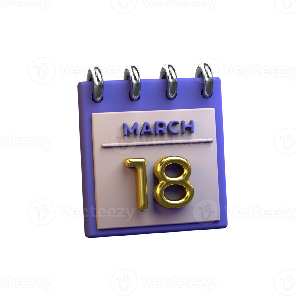 Monatskalender 18. März 3D-Rendering png