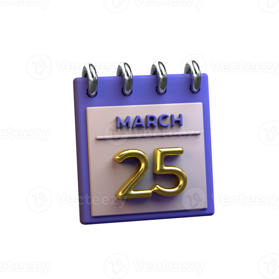 Monatskalender 25. März 3D-Rendering png