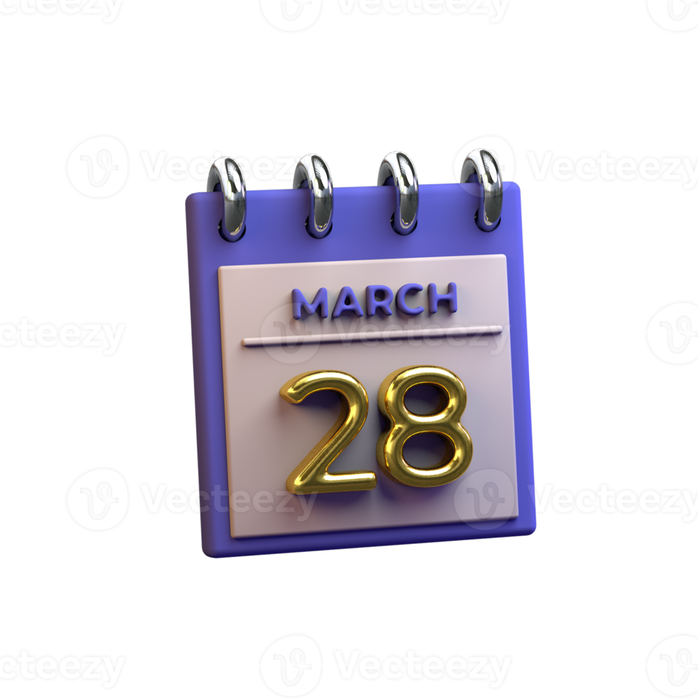 Monthly Calendar 28 March 3D Rendering png
