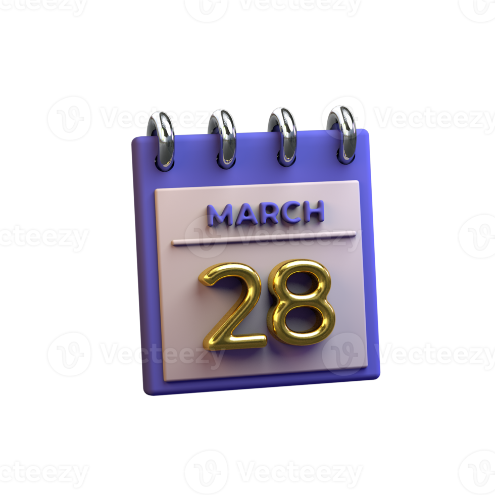 Monatskalender 28. März 3D-Rendering png