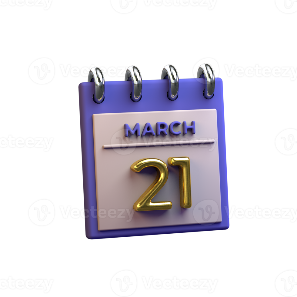 Monthly Calendar 21 March 3D Rendering png