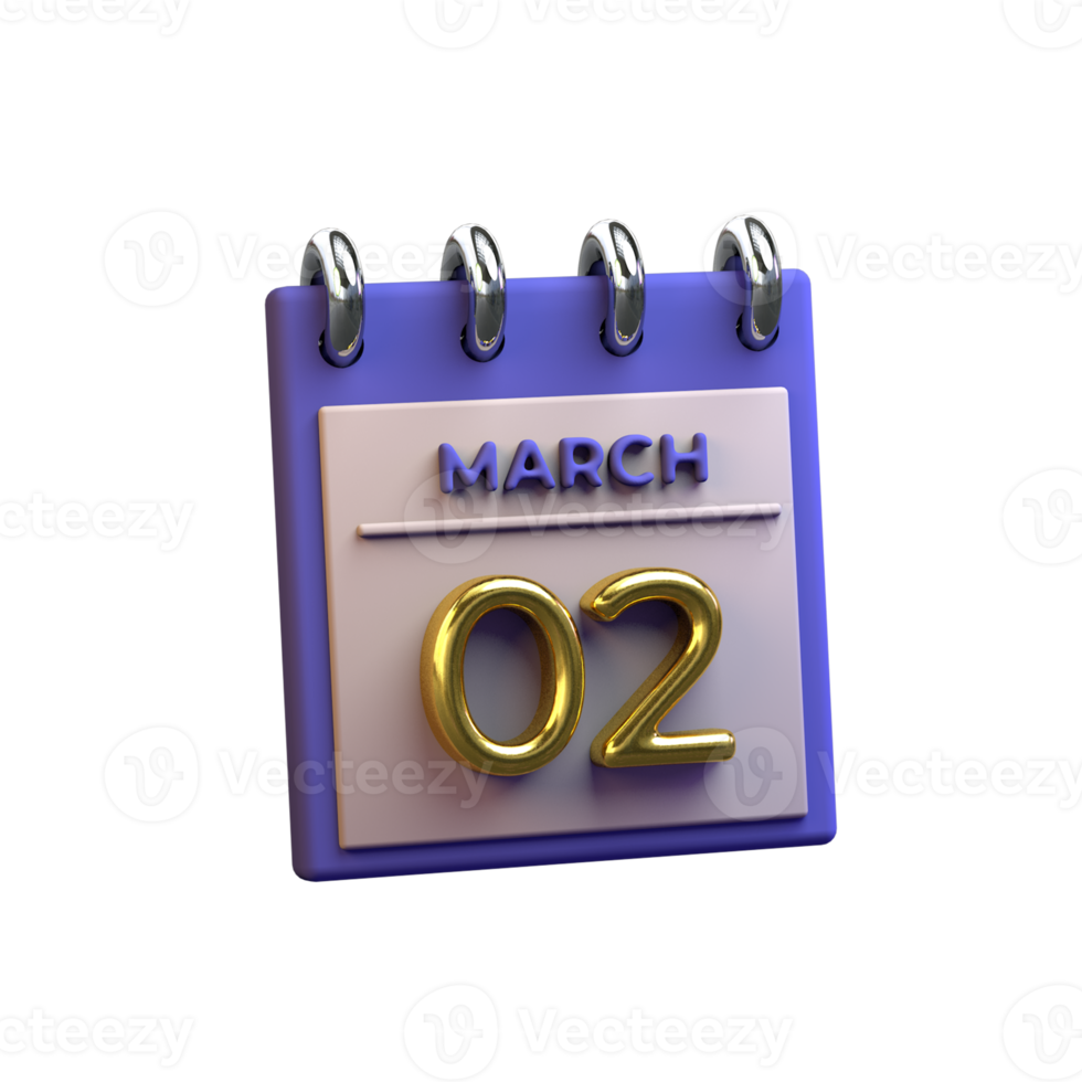 calendario mensual 02 de marzo representación 3d png