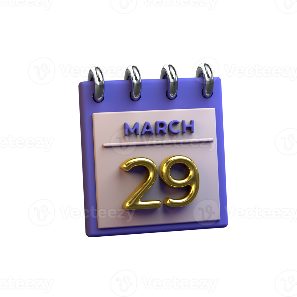 maandelijks kalender 29 maart 3d renderen png