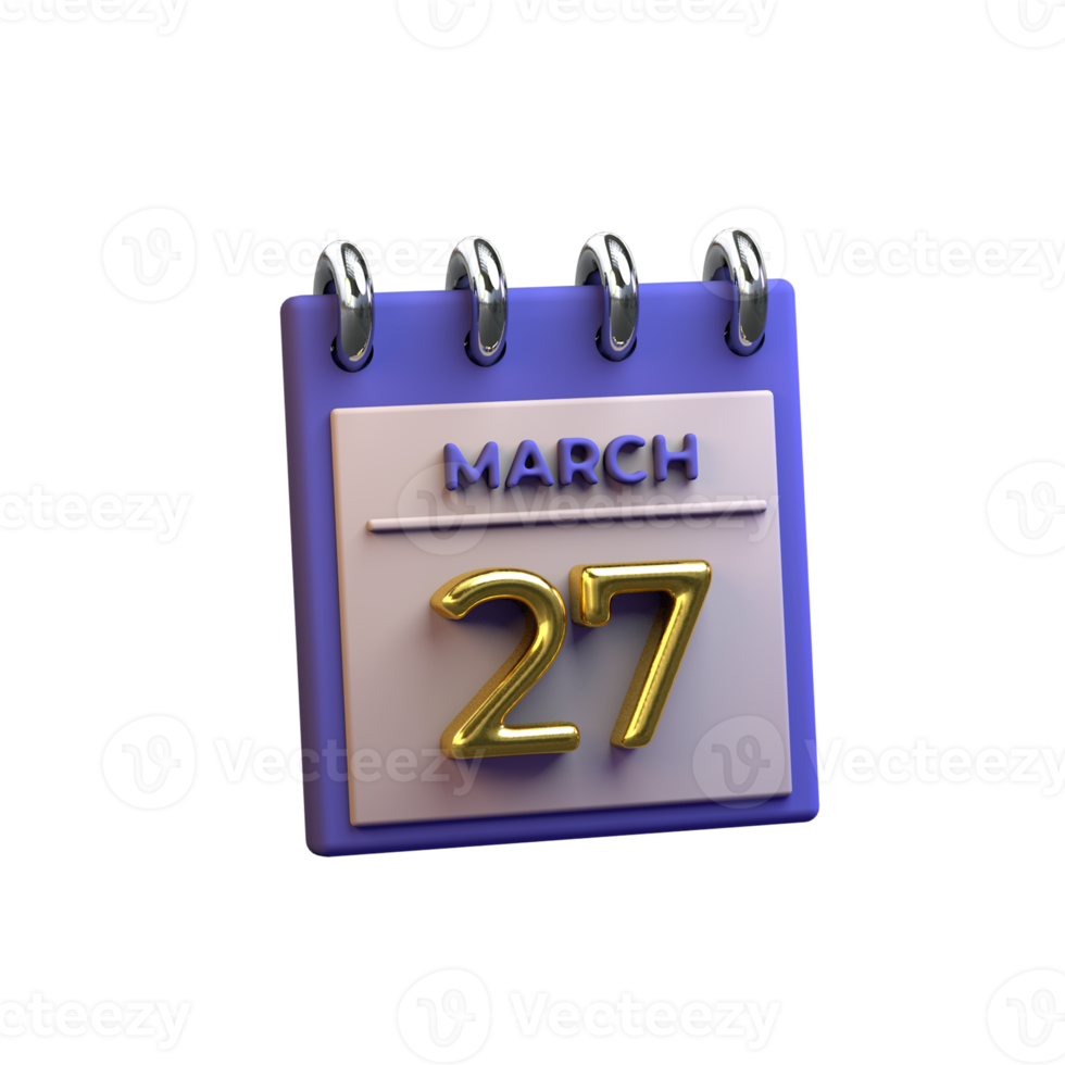 Monthly Calendar 27 March 3D Rendering png