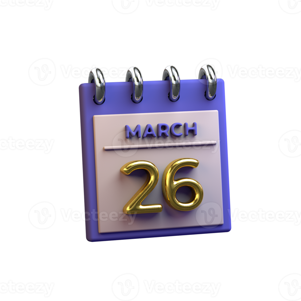 Monthly Calendar 26 March 3D Rendering png