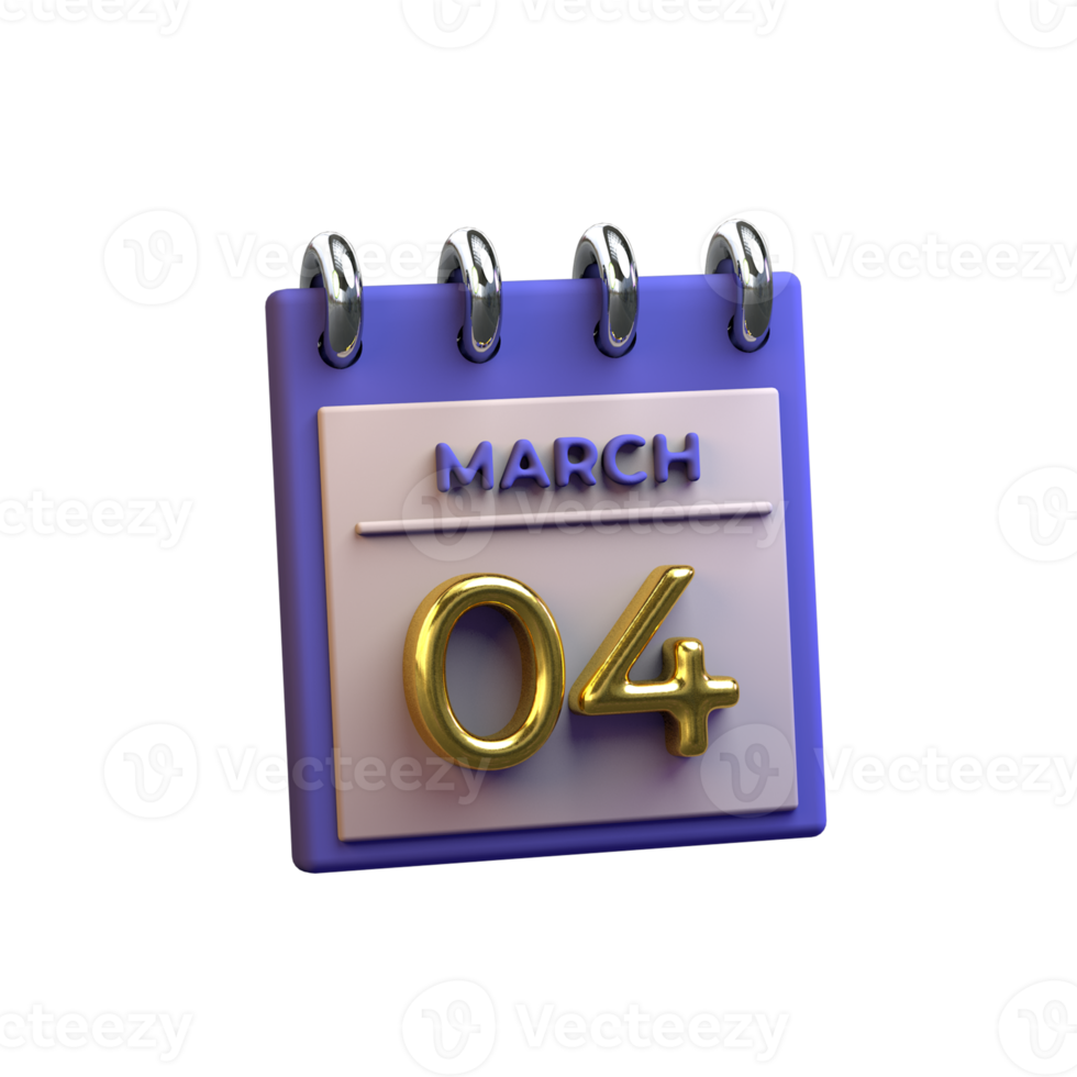 Monthly Calendar 04 March 3D Rendering png