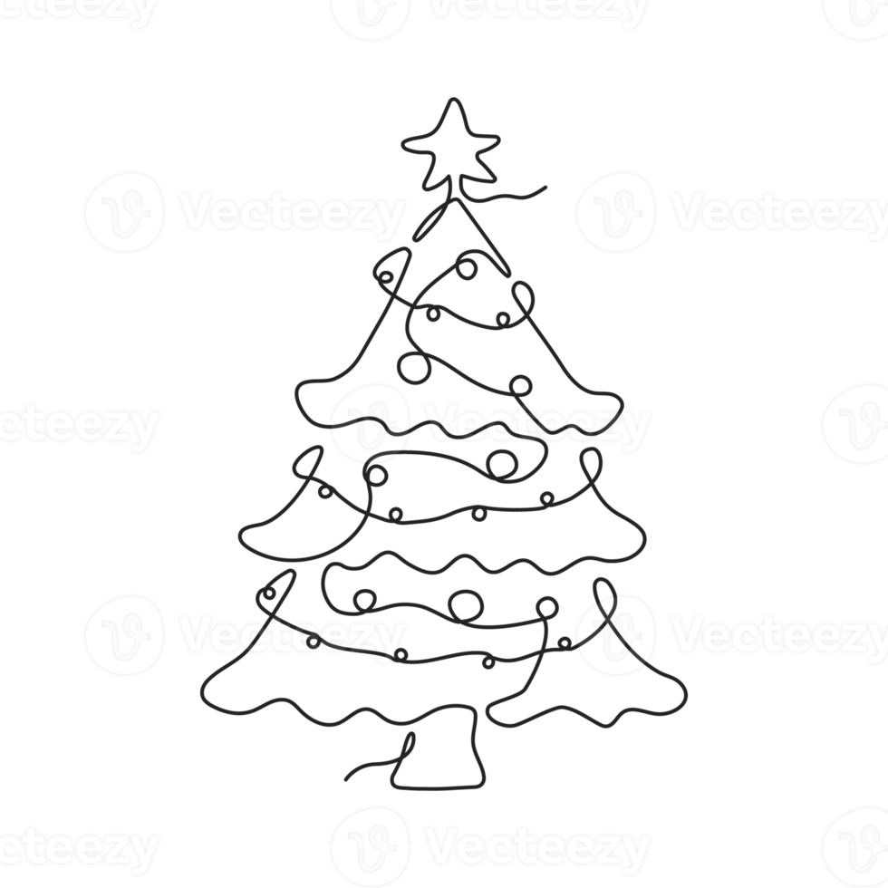 Continuous one line drawing of Christmas tree with star, garland and decorations. Hand drawn Christmas tree isolated on transparent background. Linear style png