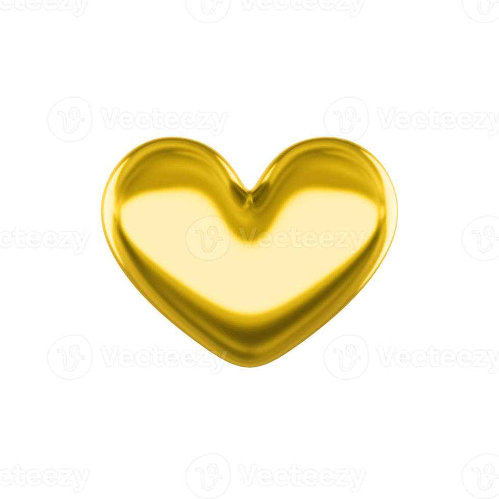 Golden metallic stylized heart. 3D rendering. Symbol of love, likes, romance. PNG icon on transparent background.