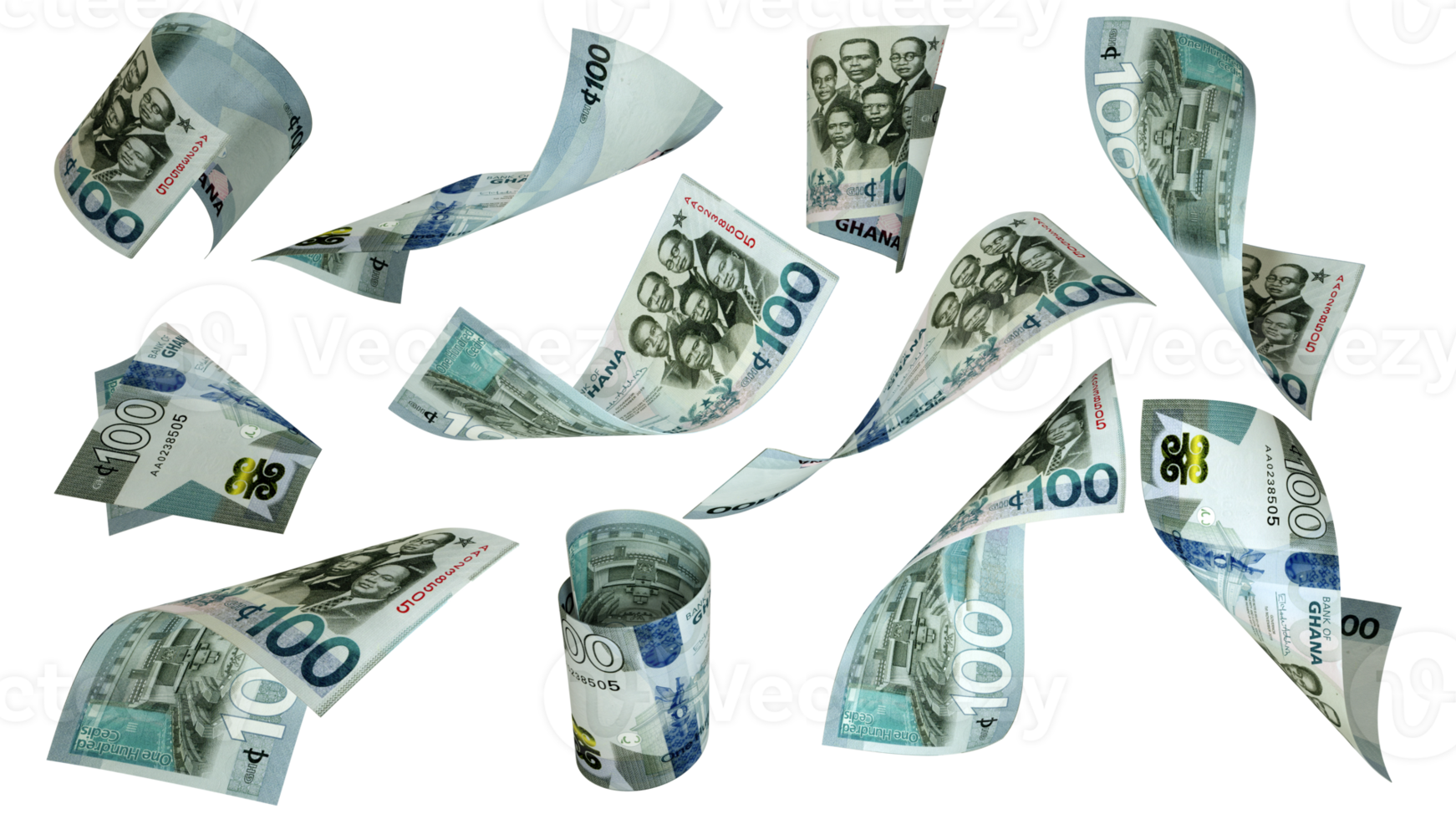 3D rendering of 100 Ghanaian cedi notes flying in different angles and orientations isolated on transparent background png