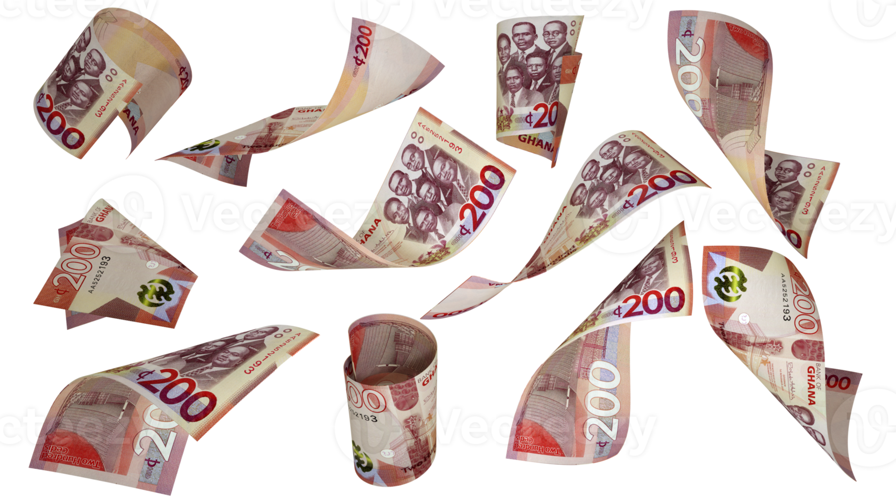 3D rendering of 200 Ghanaian cedi notes flying in different angles and orientations isolated on transparent background png