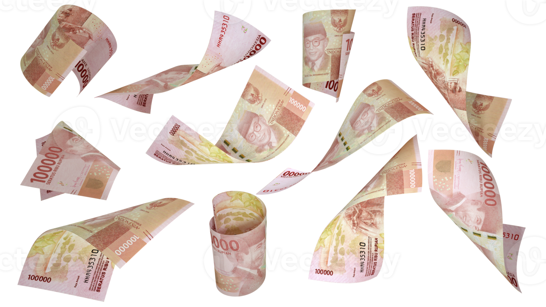 3D rendering of 100000 Indonesian rupiah notes flying in different angles and orientations isolated on transparent background png