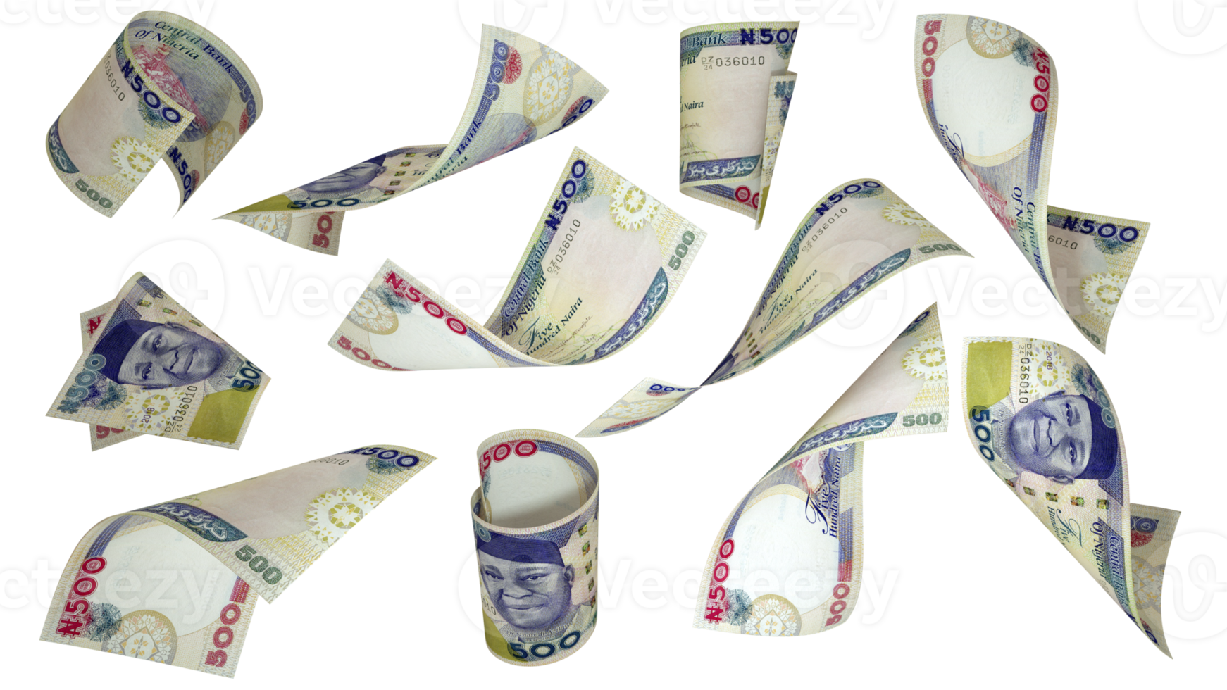 3D rendering of 500 Nigerian naira notes flying in different angles and orientations isolated on transparent background png