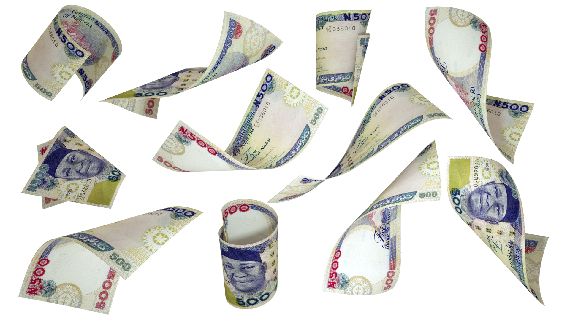 3D Rendering Of 500 Nigerian Naira Notes Flying In Different Angles And 