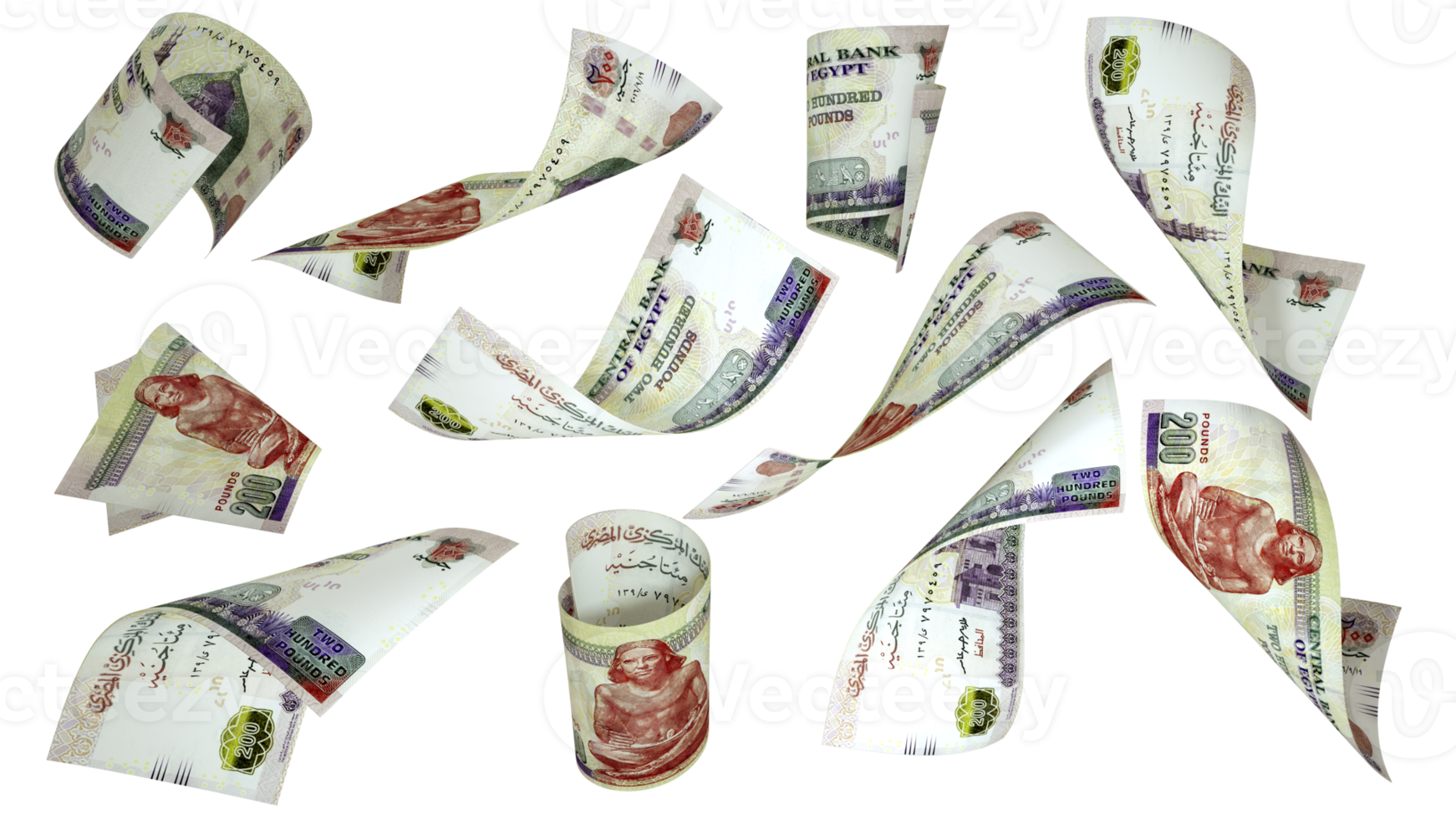 3D rendering of 200 Egyptian pound notes flying in different angles and orientations isolated on transparent background png