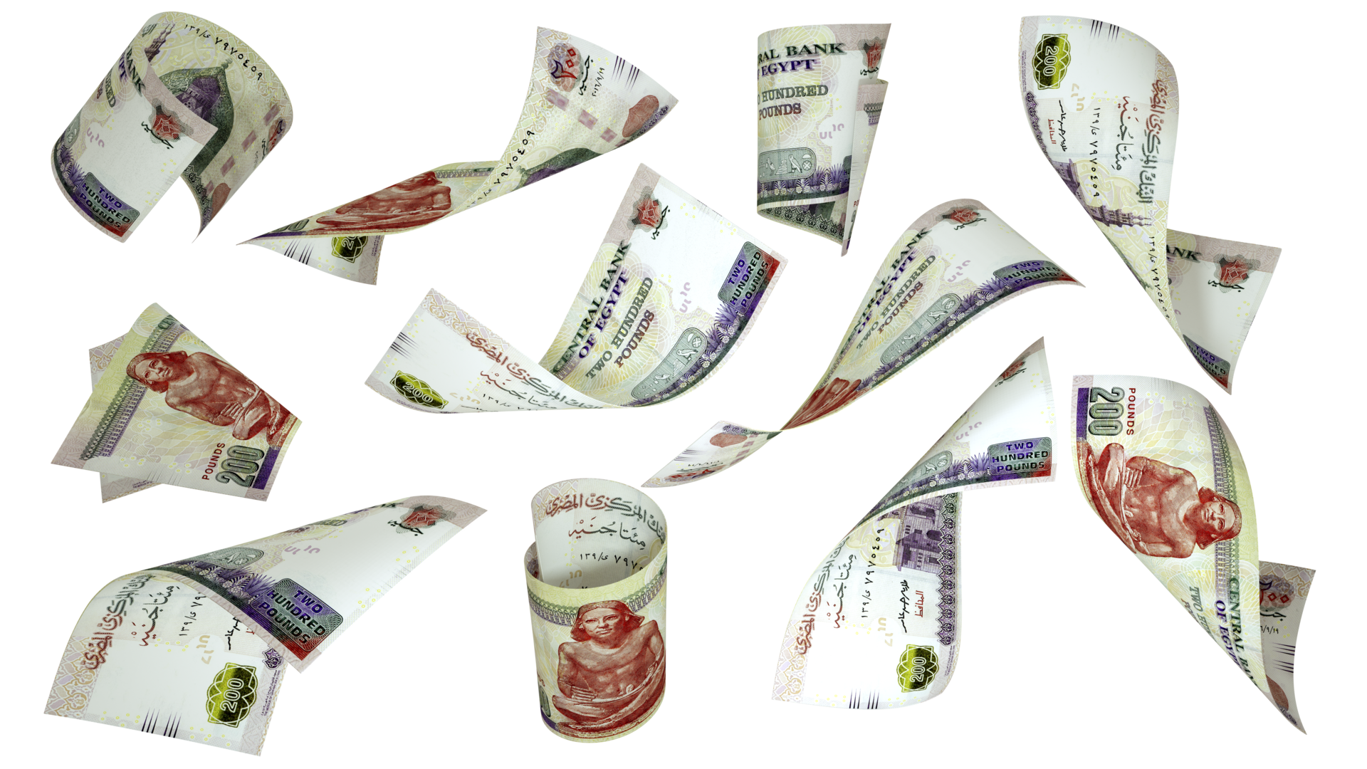 3D Rendering Of 200 Egyptian Pound Notes Flying In Different Angles And 