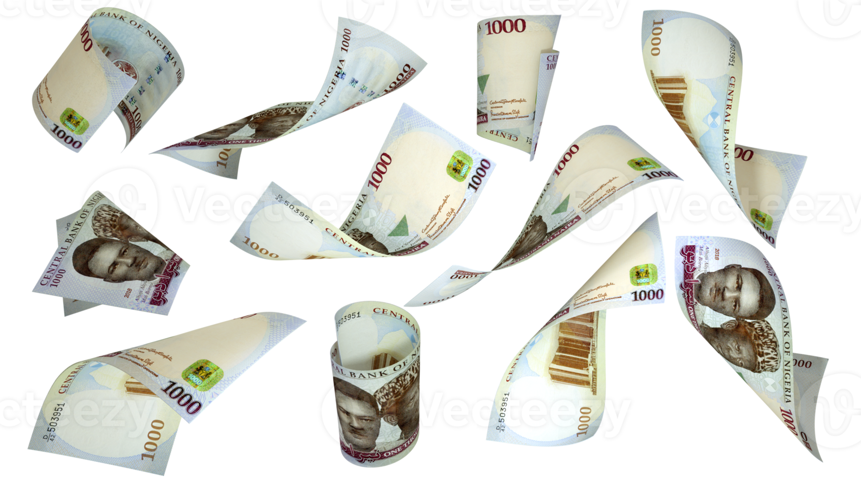 3D rendering of 1000 Nigerian naira notes flying in different angles and orientations isolated on transparent background png