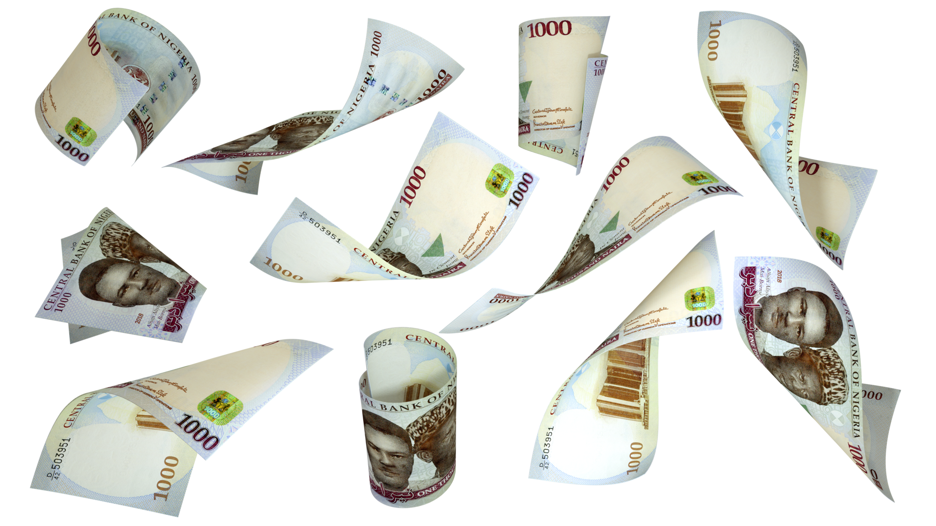 3D Rendering Of 1000 Nigerian Naira Notes Flying In Different Angles 