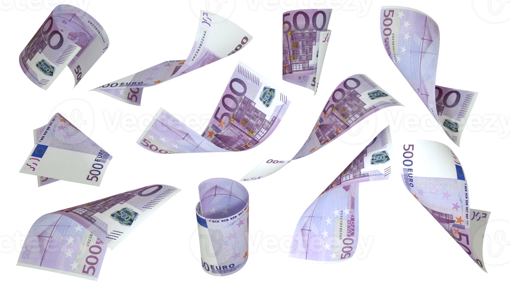 rendu 3d de billets de 500 euros volant sous différents angles et orientations isolés sur fond transparent png