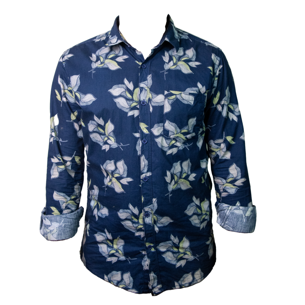 elegant zwart t-shirt PNG met bloemen afdrukken. marine blauw t-shirt Aan een transparant achtergrond. lichaamloos blauw t-shirt PNG beeld voor persoonlijk gebruiken. Mannen mode slijtage kleding afbeelding.