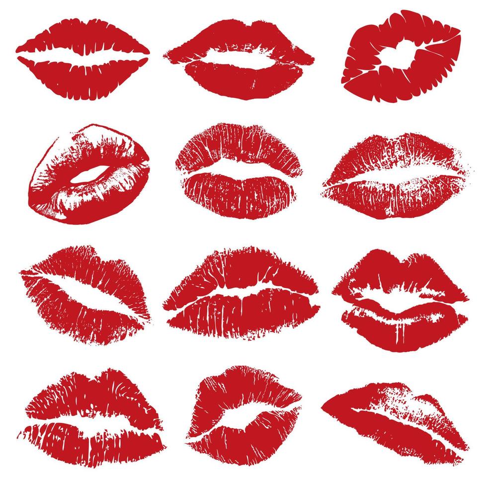 Lipstick kiss print isolated. Red isolated lips in different shapes. Vector stock illustration.
