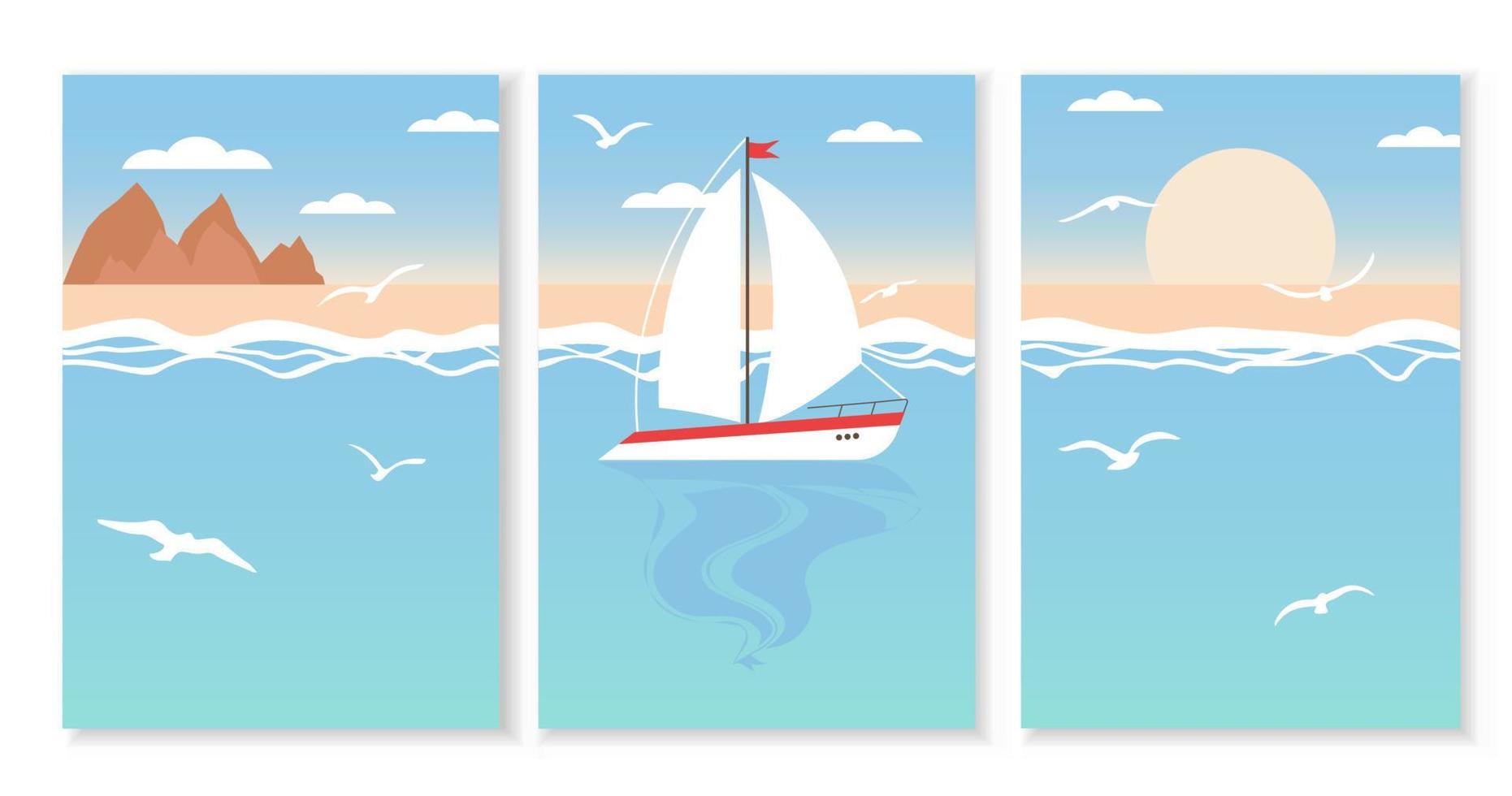 Summer decorative art, poster, picture with sea, waves, sailing yacht and seagulls. Vector summer wall decorative poster.