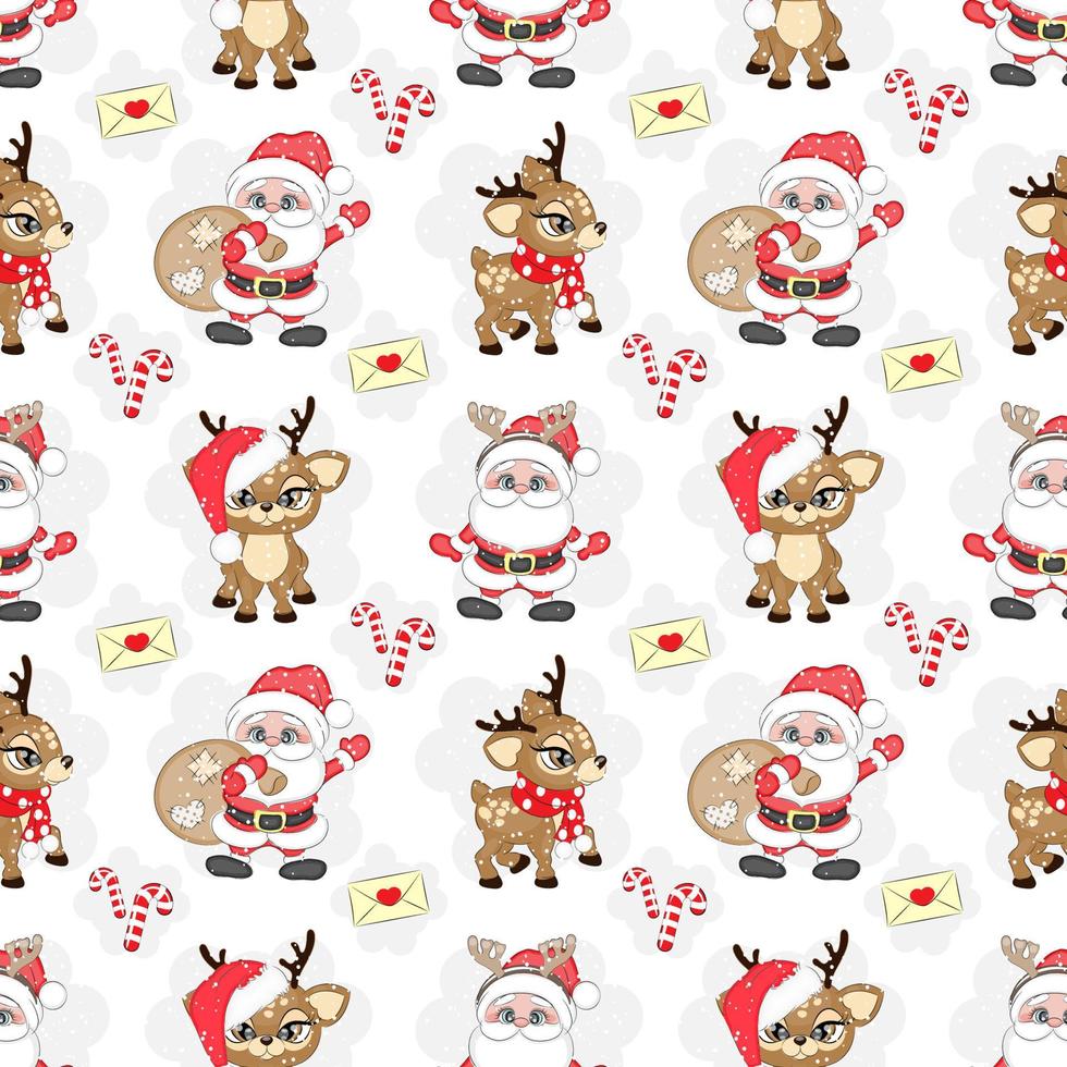 Seamless Christmas pattern with Santa Claus and reindeer, vector illustration