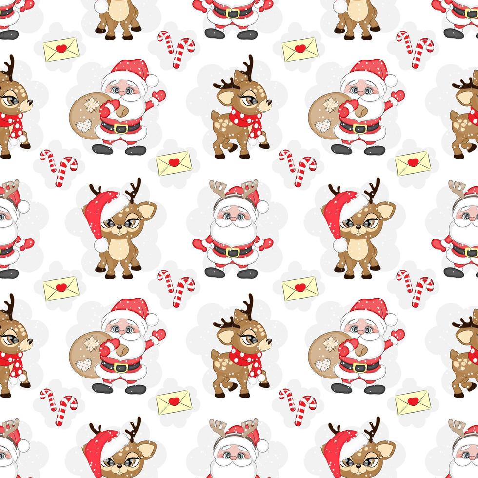 Seamless Christmas pattern with Santa Claus and reindeer, vector illustration