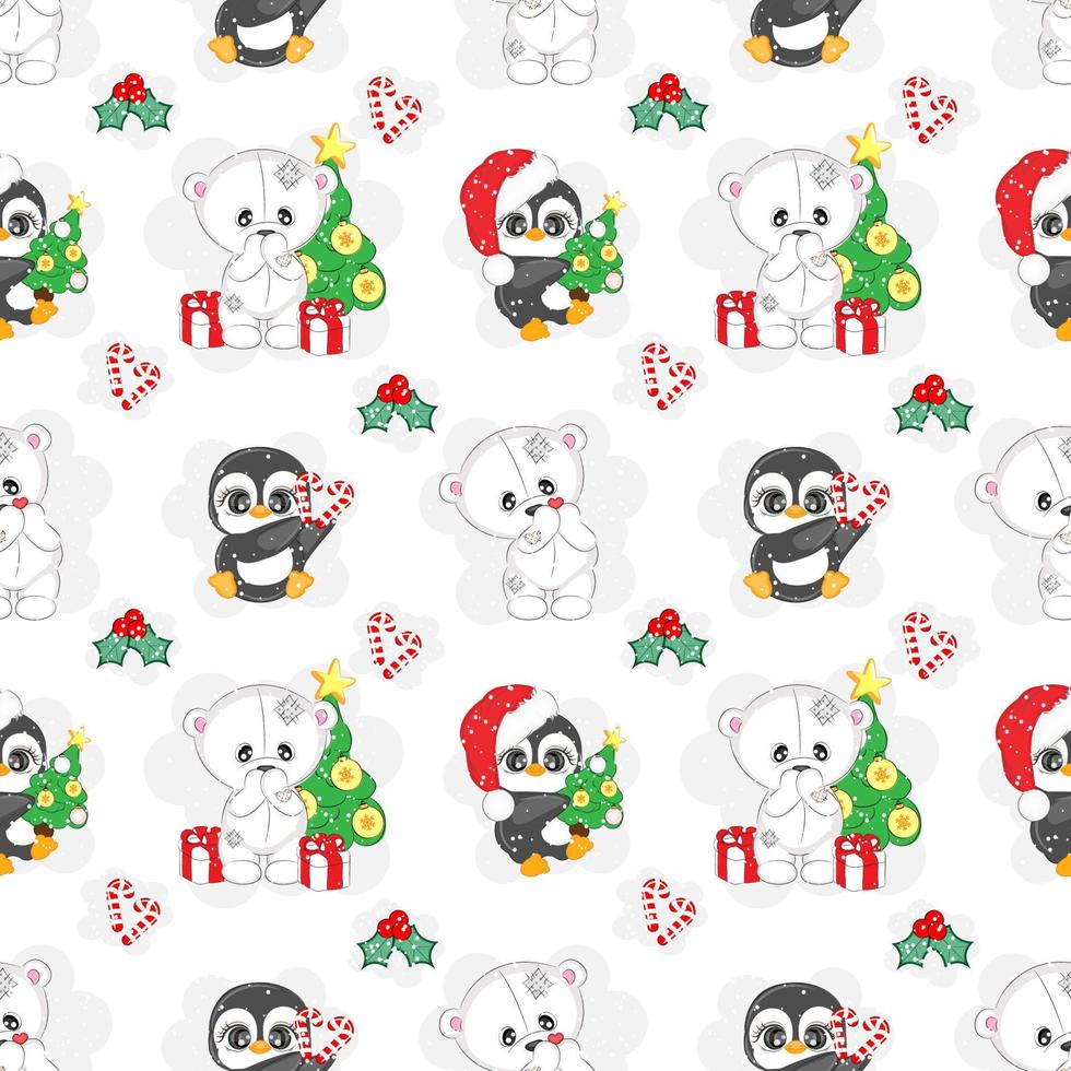 patrón sin costuras con oso de navidad blanco y pingüino, ilustración vectorial vector